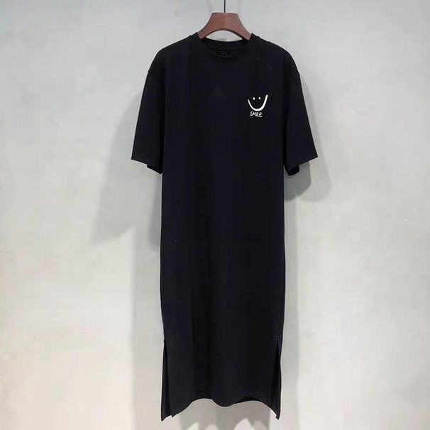 2025 Plus Size Summer Women's Smiley Side-Slit T-Shirt - Casual Loose Fit Dress_ecoleips.com