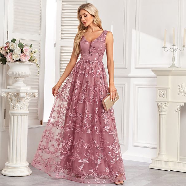 Women's Clothing High Quality New Sleeveless Double V Neck Mesh Printed Full Back Zipper Large A Line Evening Dress Party Long Dress_ecoleips.com