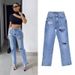 European And American Women's Fashion High Waist Slimming Straight Leg Jeans Long Floor-Length Ripped Cuff Split Hem_ecoleips.com