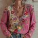 Vintage Floral Embroidered Blouse – Boho Loose-Fit T-Shirt With Pink Floral Print (Cotton-Linen Blend, Comfortable & Stylish)_ecoleips.com
