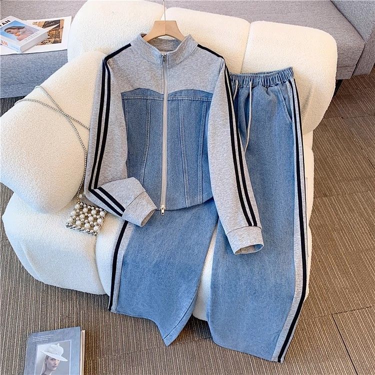 European American Fashion Two-piece Long-sleeve Set For Girls, Spring Autumn 2025 New Denim Patchwork Top And Wide-leg_ecoleips.com