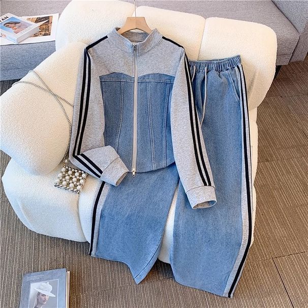 European American Fashion Two-piece Long-sleeve Set For Girls, Spring Autumn 2025 New Denim Patchwork Top And Wide-leg_ecoleips.com