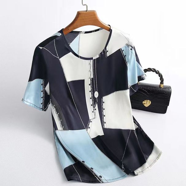 Women's Clothing Simulation Silk T Shirt Tops Summer Ice Silk Printing Mother's Dress To Cover The Belly And Show Thin Large Size Bottoming Shirt_ecoleips.com