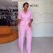 Women's Stripe Lapel Shirt & High-Waisted Wide-Leg Pants Set – Spring Casual Outfit (Blue/Pink/Coral, Sizes S-XXL)_ecoleips.com