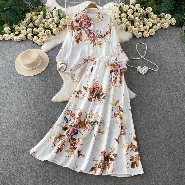 French Romantic Floral Long-Sleeve Shirt & High-Waisted Midi Skirt Set – Casual Sun Protection Outfit (One Size, Multiple Colors)_ecoleips.com