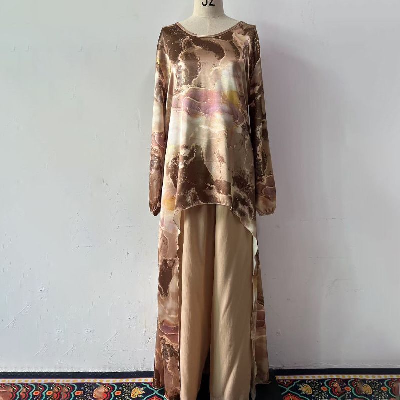 Hand-Painted Floral Print Women's Shirt & Wide-Leg Pants Set – Summer Boho Chic Outfit, Polyester Blend, S-3XL_ecoleips.com