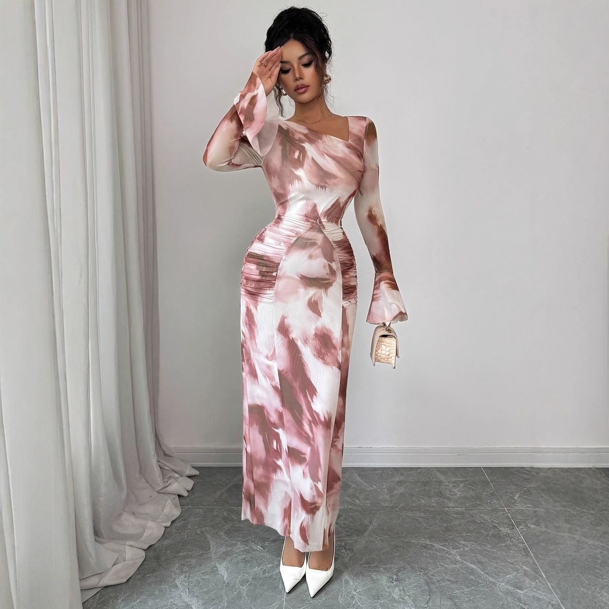 Women's Elegant Tie Dye Print Mesh Design Dress FashionableStyle Foreign Trade_ecoleips.com