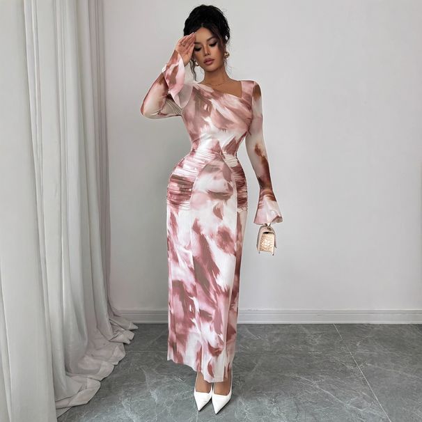 Women's Elegant Tie Dye Print Mesh Design Dress FashionableStyle Foreign Trade_ecoleips.com