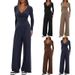 Women's Clothing Women's Casual 2 Piece Set Cross Border Solid Color V Neck Long Sleeve Wide Leg Pants Sporty Matching Outfit_ecoleips.com