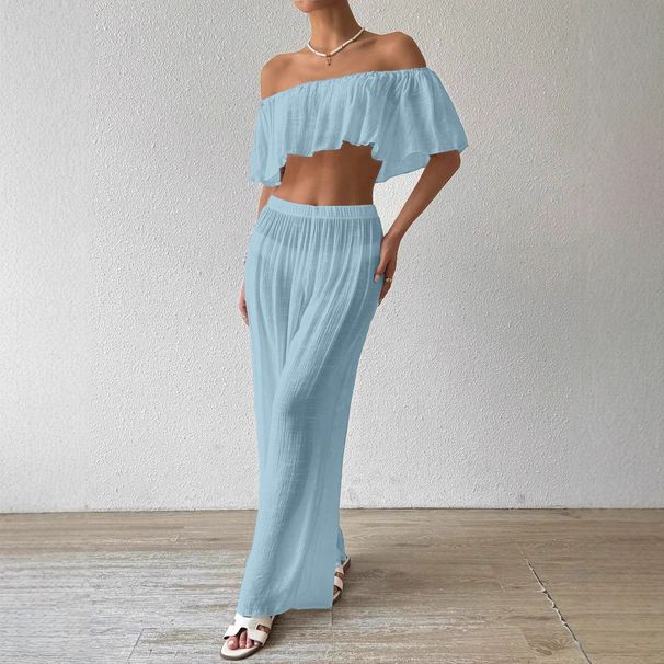 Women's Clothing Two Piece Suit Summer Wrinkled Cloth Solid Color One Shoulder Tube Top High Waist Wide Leg Pants Casual Beach Suit_ecoleips.com