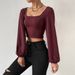 Voya Women's New Wine Red Square Neck Short Knitted Top For Spring And Summer, Long Sleeved Retro Lantern Sleeves, Slim Fit Bottom Shirt_ecoleips.com