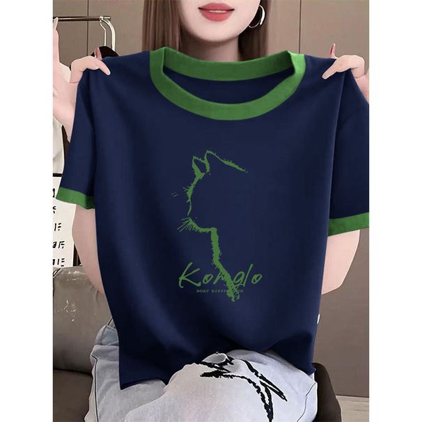 Women's Color-Block Cotton T-Shirt – Slim-Fit Fashion Top With Unique KO Cat Print (6 Colors, S-2XL)_ecoleips.com