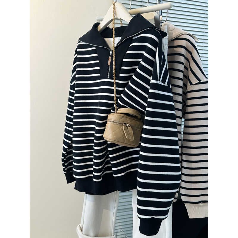 Real Shot Of Foreign Trade Hong Kong Half-zip Polo Collar Striped Sweatshirt For Women, Spring And Autumn Thin Loose_ecoleips.com
