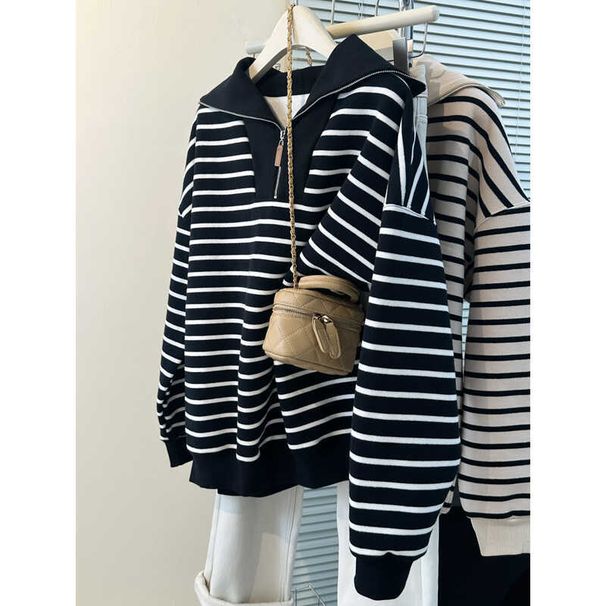 Real Shot Of Foreign Trade Hong Kong Half-zip Polo Collar Striped Sweatshirt For Women, Spring And Autumn Thin Loose_ecoleips.com