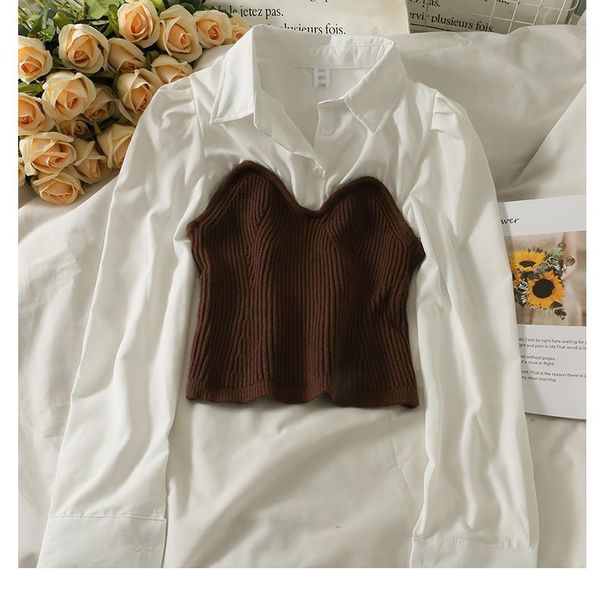 Women's Clothing Small Lapel Long Sleeve Slim Fit Short Shirt Female New Knitted Stitching Stylish Top_ecoleips.com