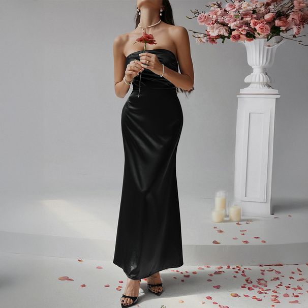 French Style Sexy Solid Color Strapless Slim Bodycon Maxi Dress Formal Evening Party Gown_ecoleips.com