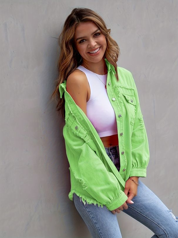 Women's Distressed Denim Jacket Oversized Long Sleeve Casual Shirt Coat In Solid Colors_ecoleips.com