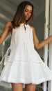 White Halter Neck Tiered Mini Dress For Women, Sleeveless Lace Hollow Out Flowy Short Sundress, Casual Boho A-Line Dress For Summer Beach Vacation Dai_ecoleips.com