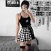 QY21059 Women's High-Waisted Midi Skirt Dark Fashion Houndstooth Patchwork Color Block French Style for Summer 2024_ecoleips.com