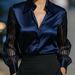 Elegant Satin Long Sleeve Blouse for Women V-Neck Pure Color Office Casual Wear Shirt Black White Navy Red S M L XL_ecoleips.com