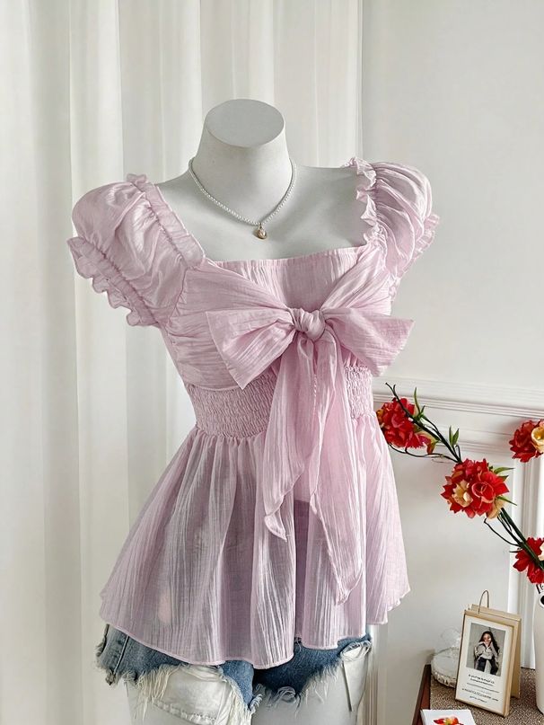 Women's Sweet Fresh Summer Style Bow Tie Pleated Ruffled Camisole Top French Square Waist T-Shirt_ecoleips.com
