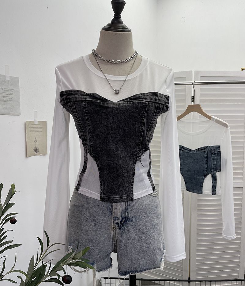 Women's Clothing Girl Design Mesh Splicing Denim Top Long Sleeved Bottoming Shirt Slim Short Niche T Shirt_ecoleips.com