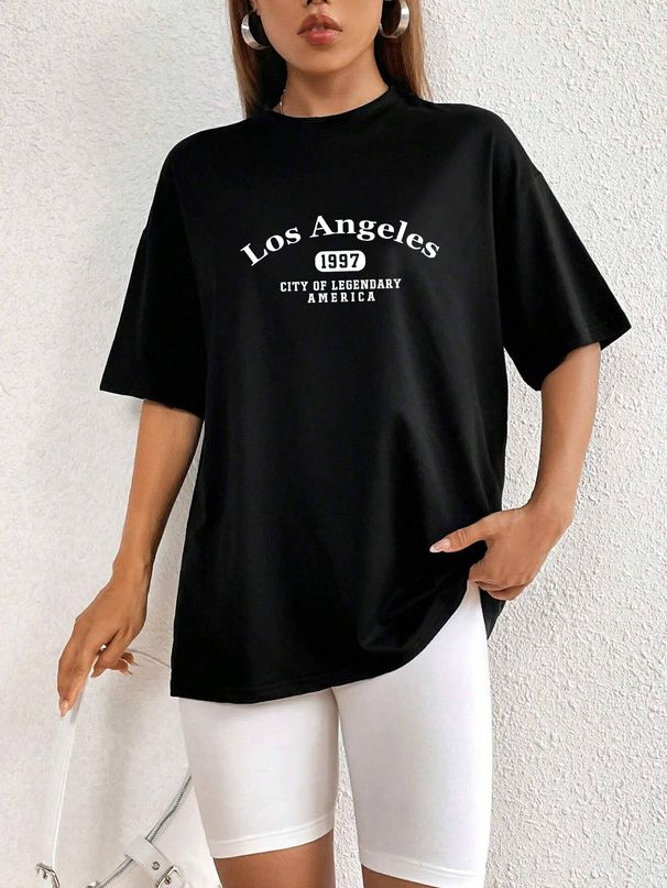 Women's Clothing Women's Casual Black T-Shirt Round Neck Short Sleeve Letter Print Simple Sports Top Style Loose Fit_ecoleips.com