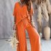 Women's V-Neck Batwing Sleeve Loungewear Set With Wide-Leg Pants & Belt – Comfortable & Stylish Casual Outfit_ecoleips.com
