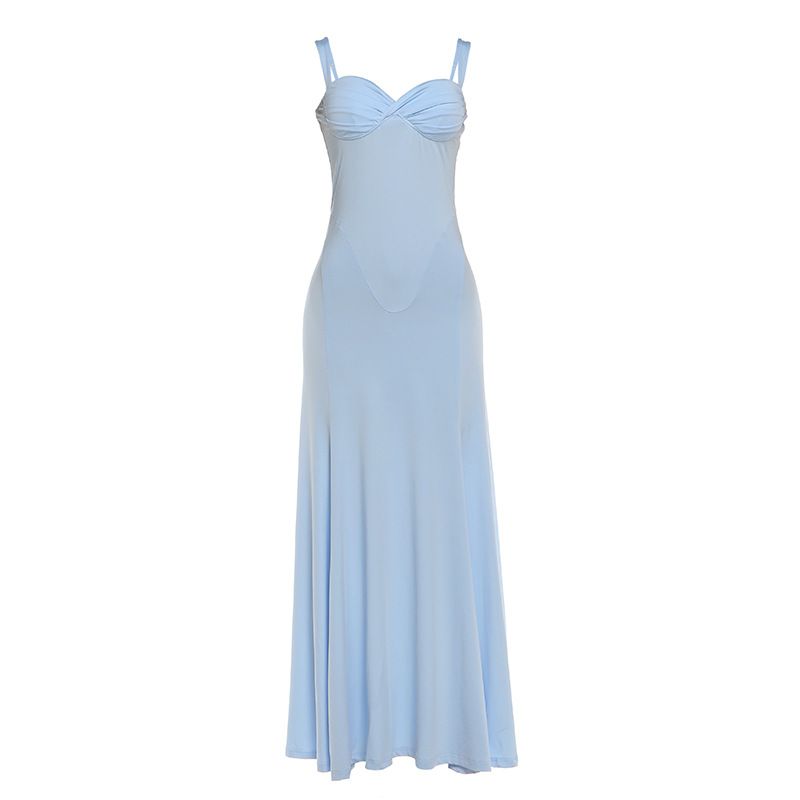 Elegant Cross-Front Low-Cut Bodycon Dress With Open Back | Slim Fit Milk Silk Midi Dress For Women | Sexy Evening Gown In Blue & Yellow_ecoleips.com