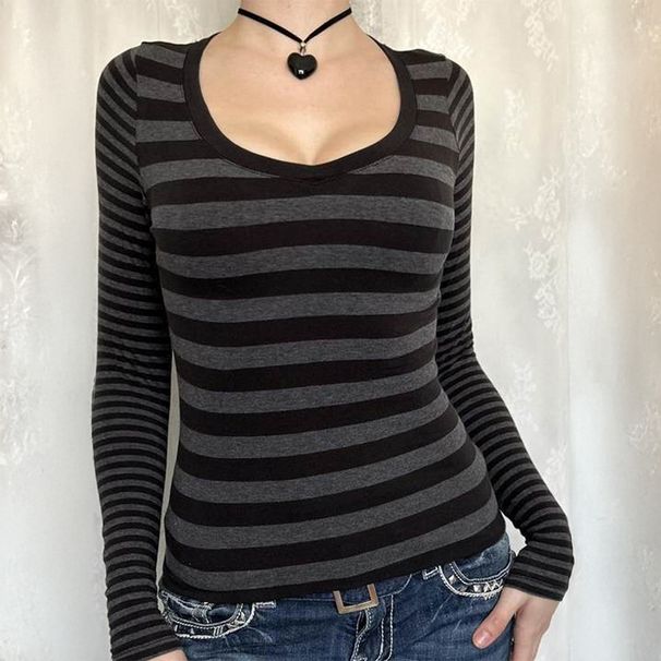 Diyun European And American Casual Vacation Versatile Striped Long Sleeve Tank Top T-Shirt Women's Fashion 2025 Autumn_ecoleips.com
