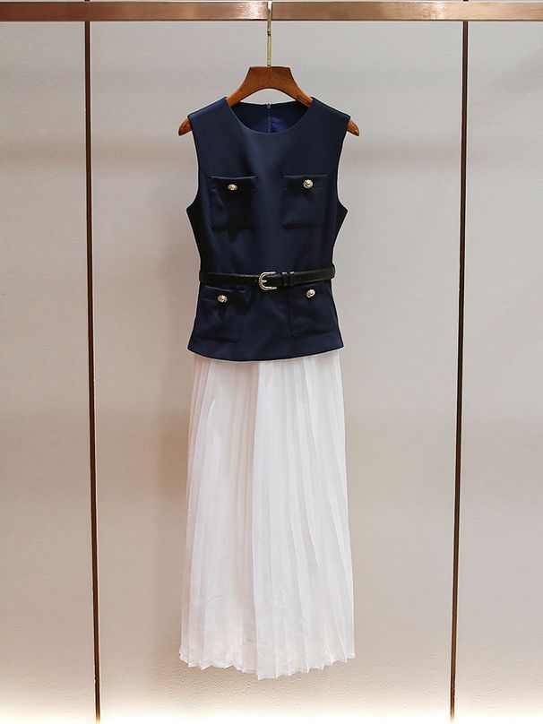 Women's Clothing Elegant Inspired Women's Dress French Style Slightly Pleated Long A-Line Round Neck Belted Vest Two Piece_ecoleips.com