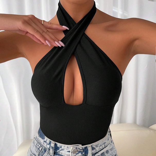 Voya Hot Selling Women's Clothing New 2026 Spring/summer Solid Color Sexy Backless Cross Hollow Hanging Neck Jumpsuit_ecoleips.com