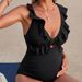 2026 Sexy Solid Color Maternity One Piece Swimsuit European American Style Deep V Neck Ruffles Hollowed out Bikini Women's Clothing Swimwear_ecoleips.com