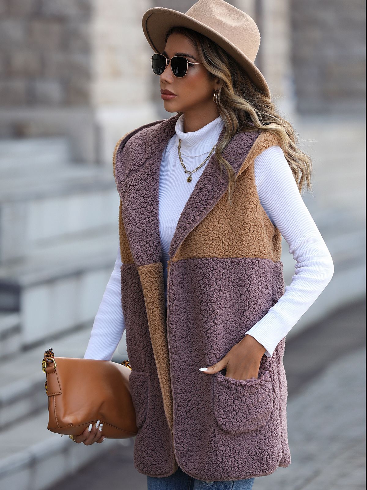 Women's hooded sleeveless color matching pocket no button mid-length cardigan fleece coat_ecoleips.com