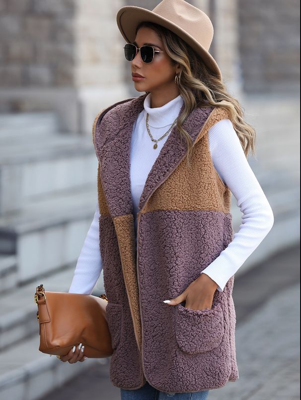 Women's hooded sleeveless color matching pocket no button mid-length cardigan fleece coat_ecoleips.com