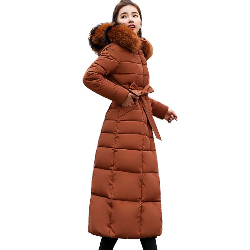Women's Long Padded Coat With Faux Fur Hood, Winter Warm Oversized Trench Jacket With Belt, Thickened Quilted Outerwear For Cold Weather_ecoleips.com