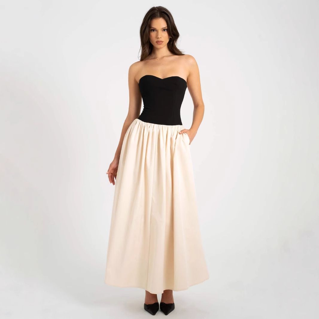 2025 Summer New European And American Fashion Color-Block Strapless Sleeveless Dress Women's Apparel Cross-Border_ecoleips.com