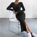 Long Sleeve Crew Neck Split Knitted Long Dress Women_ecoleips.com