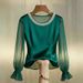 Women's Satin Pearl Neckline Sheer Mesh Blouse – Elegant See-Through Lace Top (S-XXL, Green/Black/White/Champagne Pink)_ecoleips.com