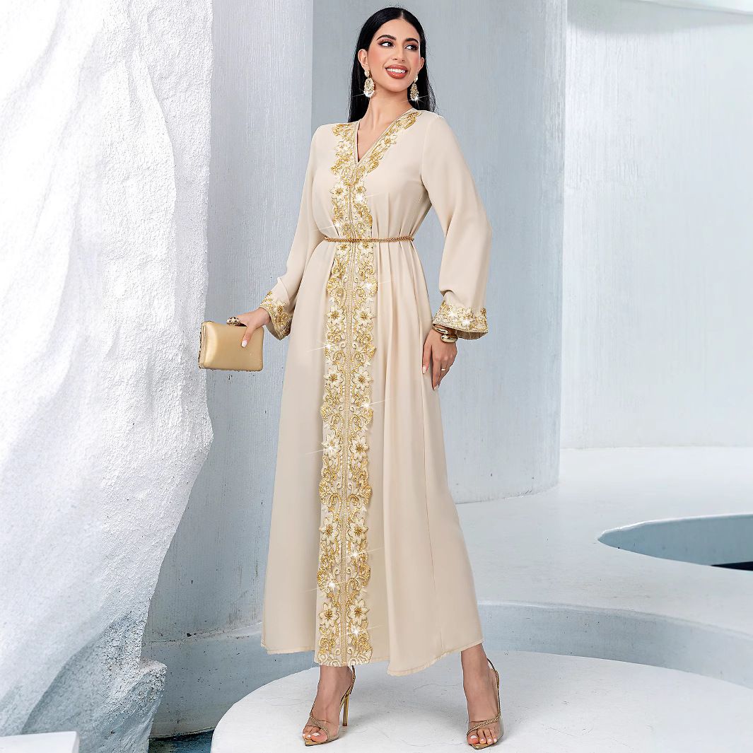 Women's Clothing New Apricot V Neck A Line Skirt Fashion Gold Lace Rice Bead Embroidery Lace Splicing Long Skirt_ecoleips.com