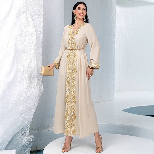 Women's Clothing New Apricot V Neck A Line Skirt Fashion Gold Lace Rice Bead Embroidery Lace Splicing Long Skirt_ecoleips.com