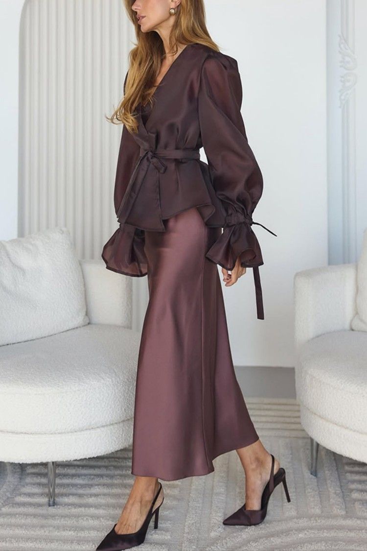 Elegant Satin Wrap Dress & Blouse Set – Women's Luxury Spring/Summer Outfit With Belted Waist_ecoleips.com