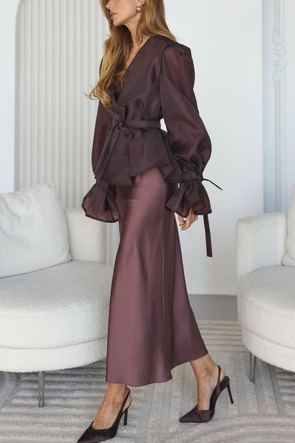 Elegant Satin Wrap Dress & Blouse Set – Women's Luxury Spring/Summer Outfit With Belted Waist_ecoleips.com