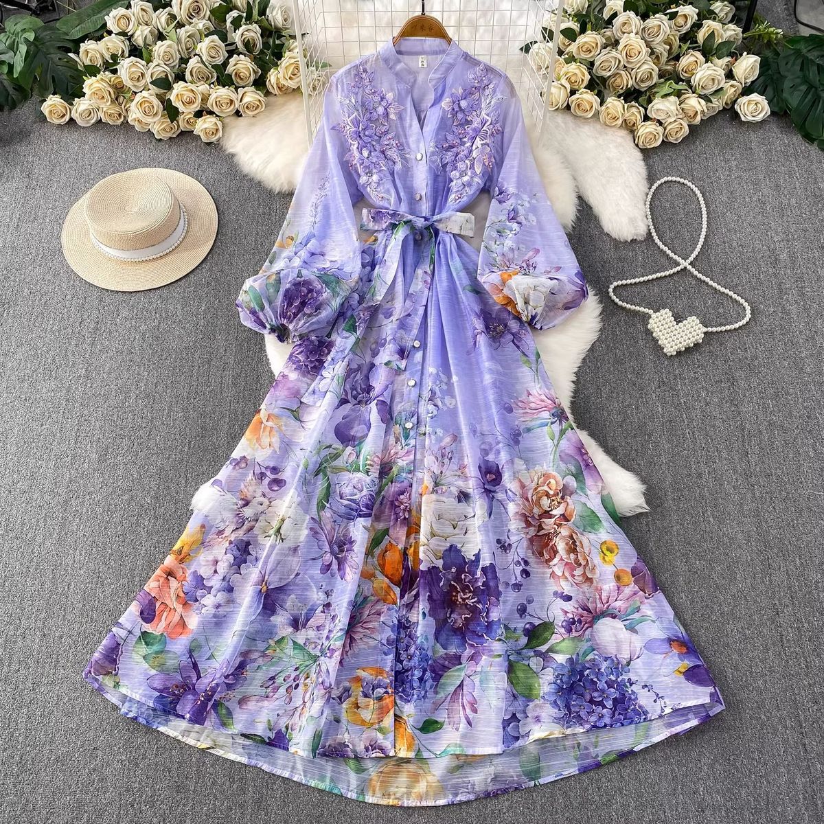 Elegant French-Inspired Floral Embroidered Dress With Button Front & Waist Tie - Flowy Maxi Dress For Women_ecoleips.com