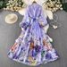 Elegant French-Inspired Floral Embroidered Dress With Button Front & Waist Tie - Flowy Maxi Dress For Women_ecoleips.com