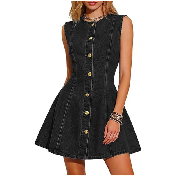 Women's Slim Fit Washed Denim Dress Sleeveless Button up with Two Side Pockets European And American Style Summer Spring/Autumn Wear_ecoleips.com