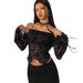 European American Cross-border 2026 Autumn And Winter New Elegant Women's Black Floral Mesh Off-shoulder Bell-sleeve_ecoleips.com