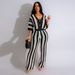 Women's clothing sexy ladies V-neck hollow striped lapel knitted wide pants suit_ecoleips.com