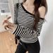 WG040 Stylish And Sexy Striped Slim-Fit Long-Sleeve T-Shirt, Autumn Niche Pure Desire Style Off-Shoulder Top_ecoleips.com