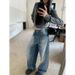 American Retro Patchwork Washed Denim Jeans For Women, Autumn Vintage Frayed Wide-leg Pants, Loose Slimming Straight-leg_ecoleips.com